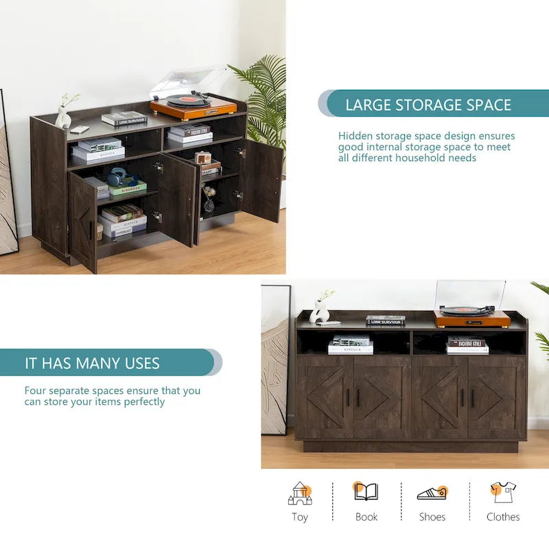 Credenza contenitore buffet con pannelli decorativi sulle ante e maniglie in metallo