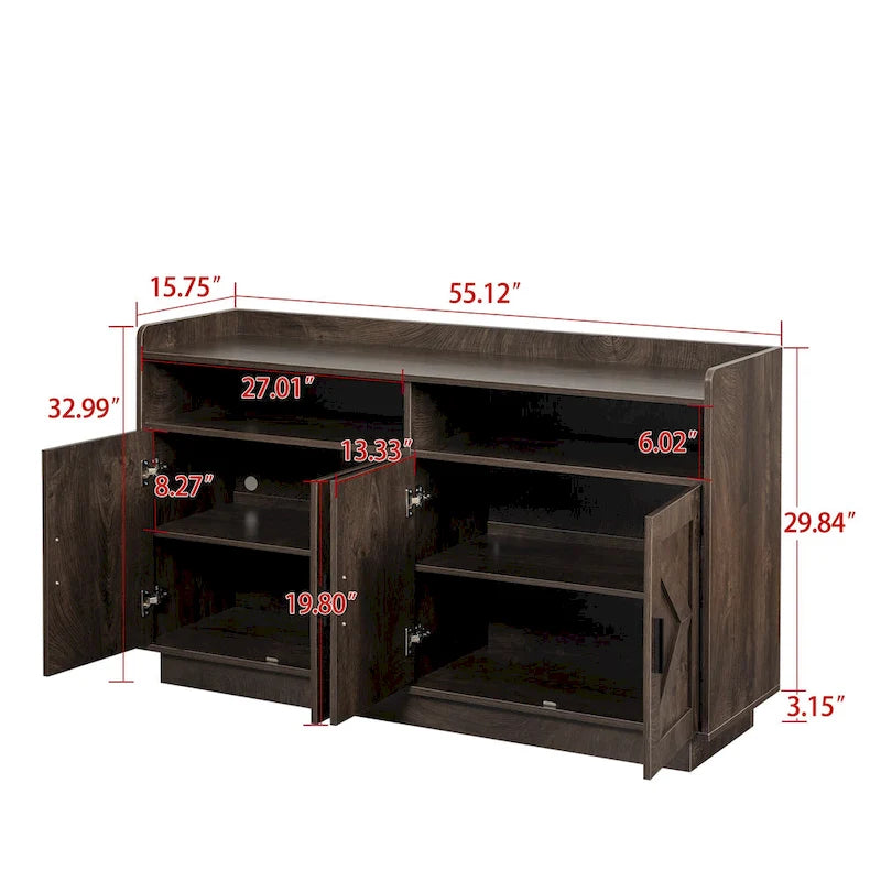 Credenza contenitore buffet con pannelli decorativi sulle ante e maniglie in metallo