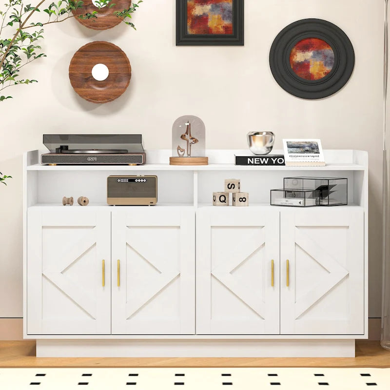 Credenza contenitore buffet con pannelli decorativi sulle ante e maniglie in metallo