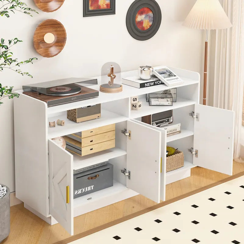 Credenza contenitore buffet con pannelli decorativi sulle ante e maniglie in metallo