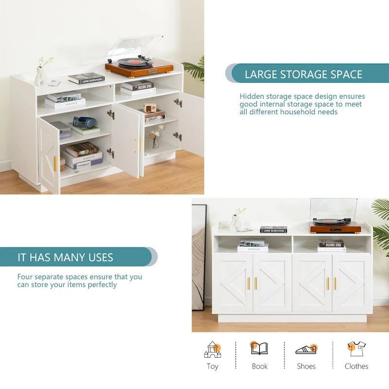 Credenza contenitore buffet con pannelli decorativi sulle ante e maniglie in metallo