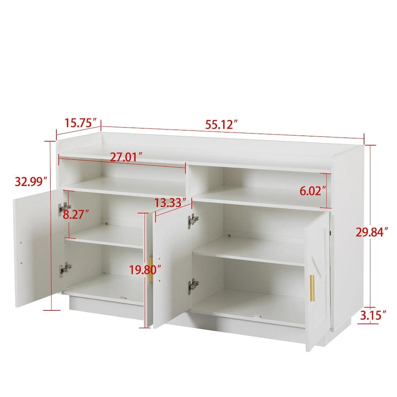 Credenza contenitore buffet con pannelli decorativi sulle ante e maniglie in metallo