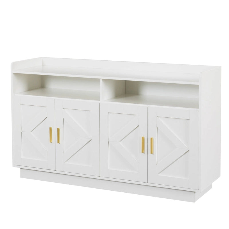 Credenza contenitore buffet con pannelli decorativi sulle ante e maniglie in metallo