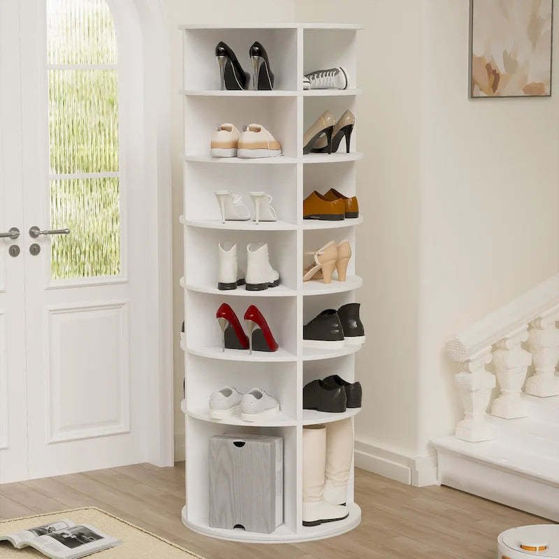 Tour porte-chaussures à 7 niveaux, organiseur de chaussures autoportant rotatif à 360, partie inférieure surélevée, pouvant contenir 28 paires de chaussures