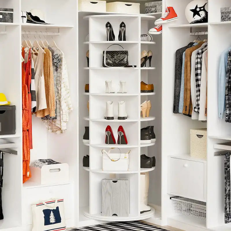 Tour porte-chaussures à 7 niveaux, organiseur de chaussures autoportant rotatif à 360, partie inférieure surélevée, pouvant contenir 28 paires de chaussures