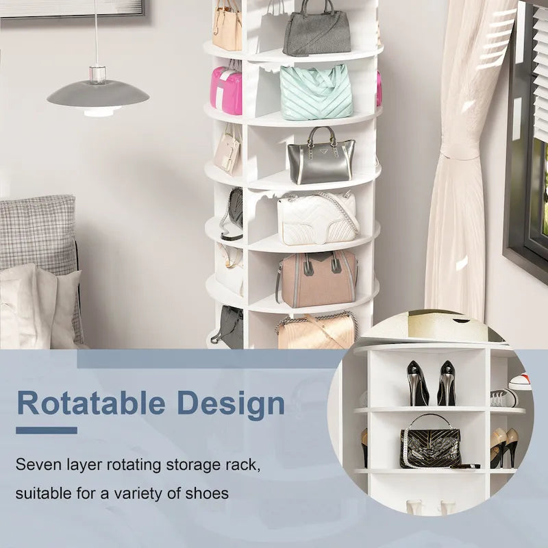 Tour porte-chaussures à 7 niveaux, organiseur de chaussures autoportant rotatif à 360, partie inférieure surélevée, pouvant contenir 28 paires de chaussures