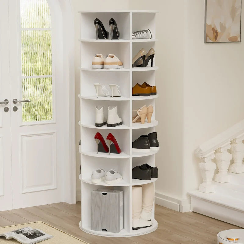 Tour porte-chaussures à 7 niveaux, organiseur de chaussures autoportant rotatif à 360, partie inférieure surélevée, pouvant contenir 28 paires de chaussures