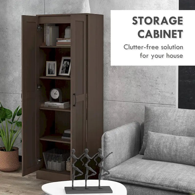 69 Tall Storage Cabinet with Movable Storage Shelves, Modern Style Pantry Cupboard Cabinet with Soft Doors, Coffee