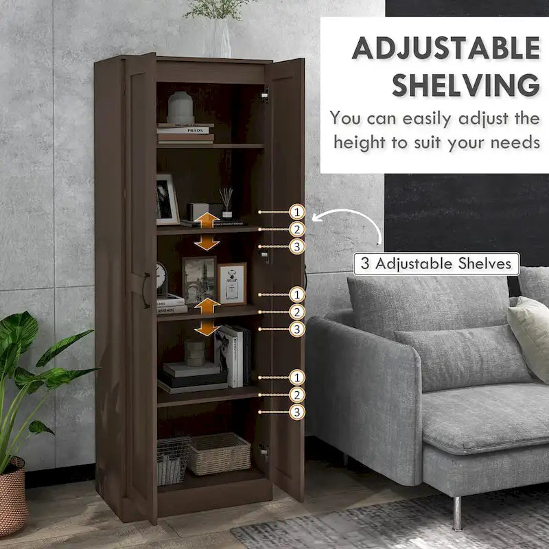 69 Tall Storage Cabinet with Movable Storage Shelves, Modern Style Pantry Cupboard Cabinet with Soft Doors, Coffee