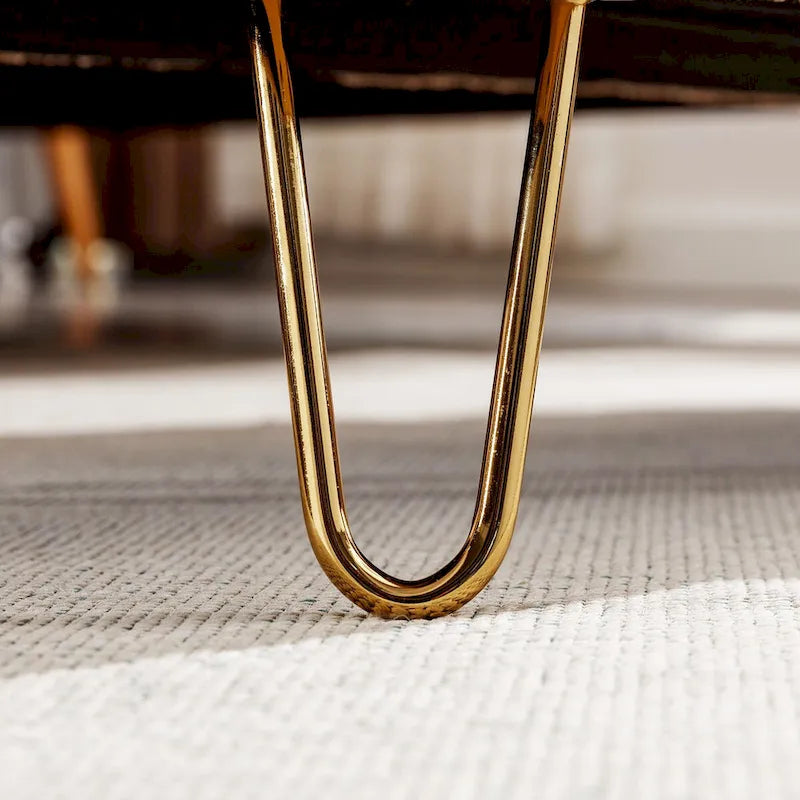 Opbergbank-ottoman voor aan het voeteneinde van het bed met gouden poten, moderne gebroken witte entreebank met bekleding, kussens en opbergruimte