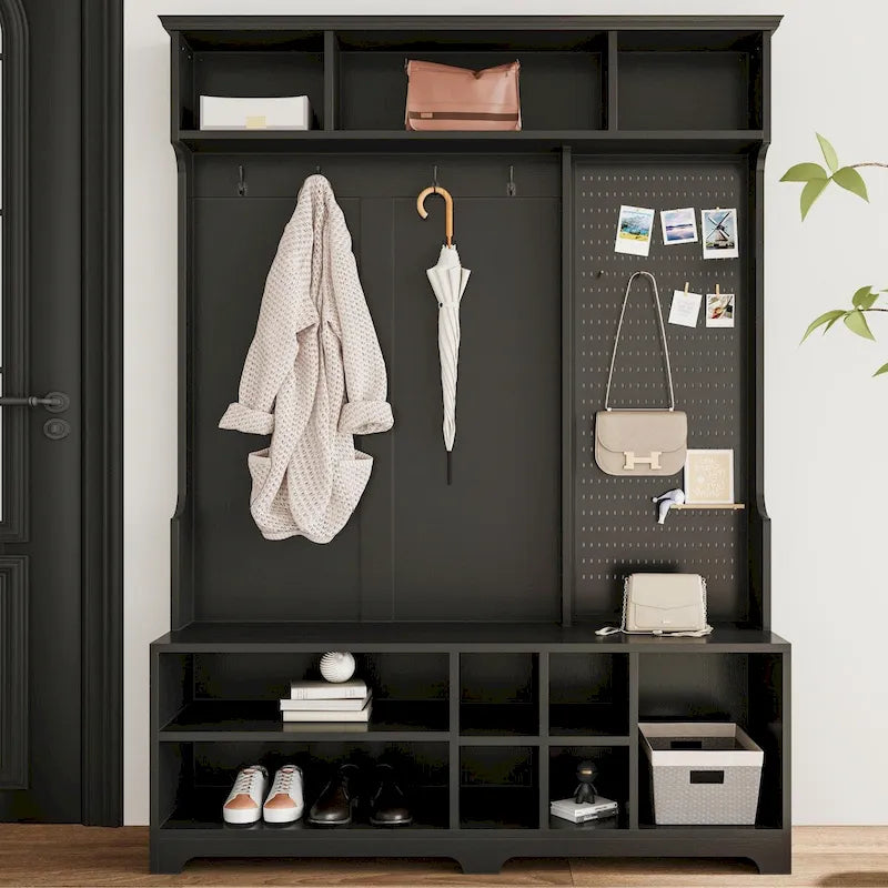 Árbol de recibidor negro con perchero, banco para zapatos y estantes de almacenamiento
