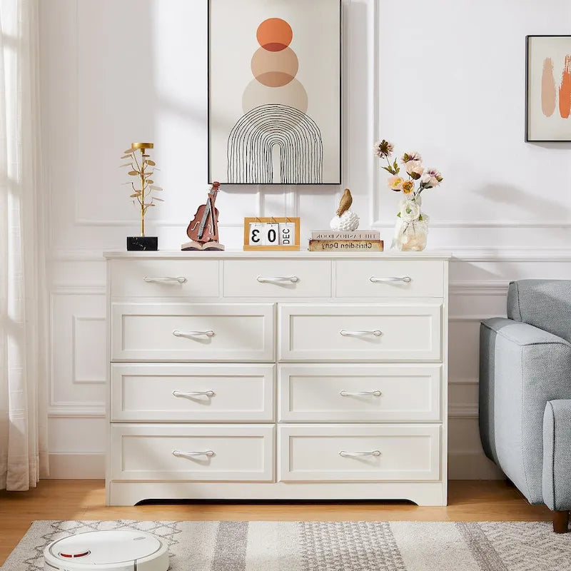 Cómoda de dormitorio de 9 cajones con acabado antiguo, cajones de madera para habitación infantil, sala de estar y pasillo