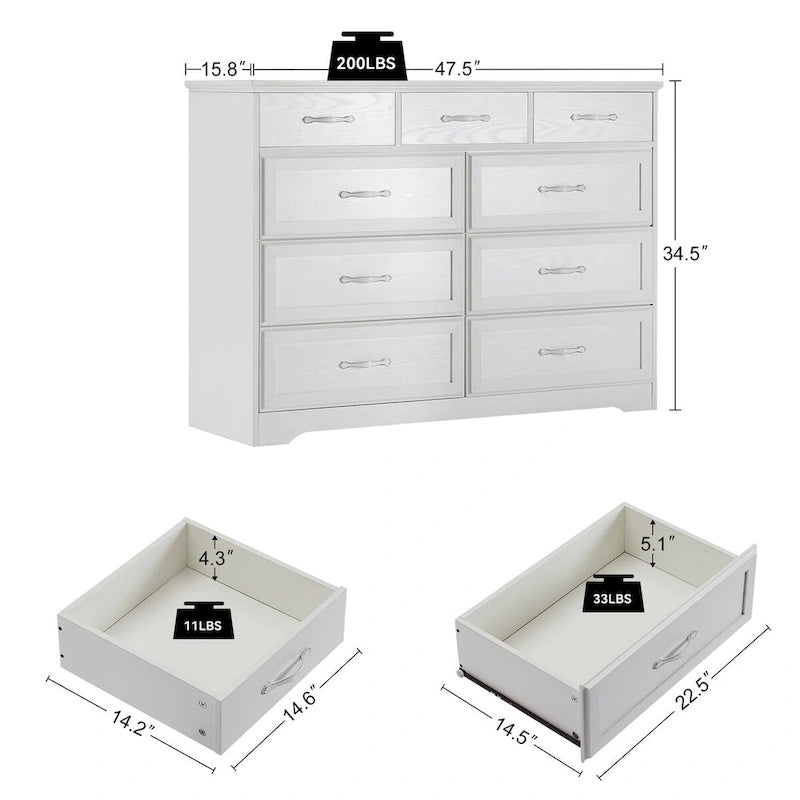Cassettiera per camera da letto, cassettiera a 9 cassetti in legno con finitura antica per cameretta, soggiorno e corridoio