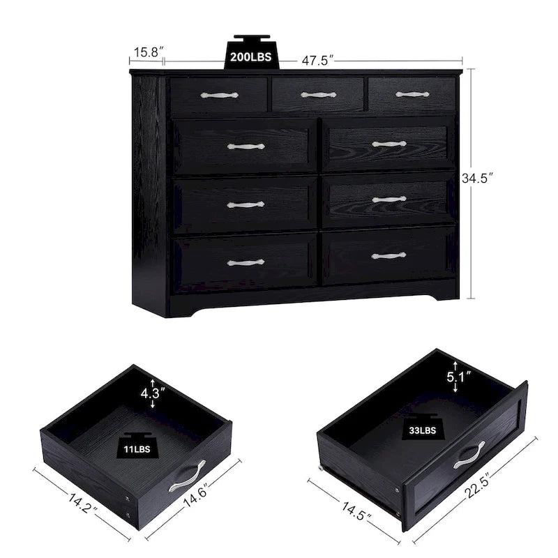 Cassettiera per camera da letto, cassettiera a 9 cassetti in legno con finitura antica per cameretta, soggiorno e corridoio