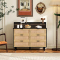 Black Six-Drawer Rattan Storage Cabinet with LED Lighting and Power Outlet