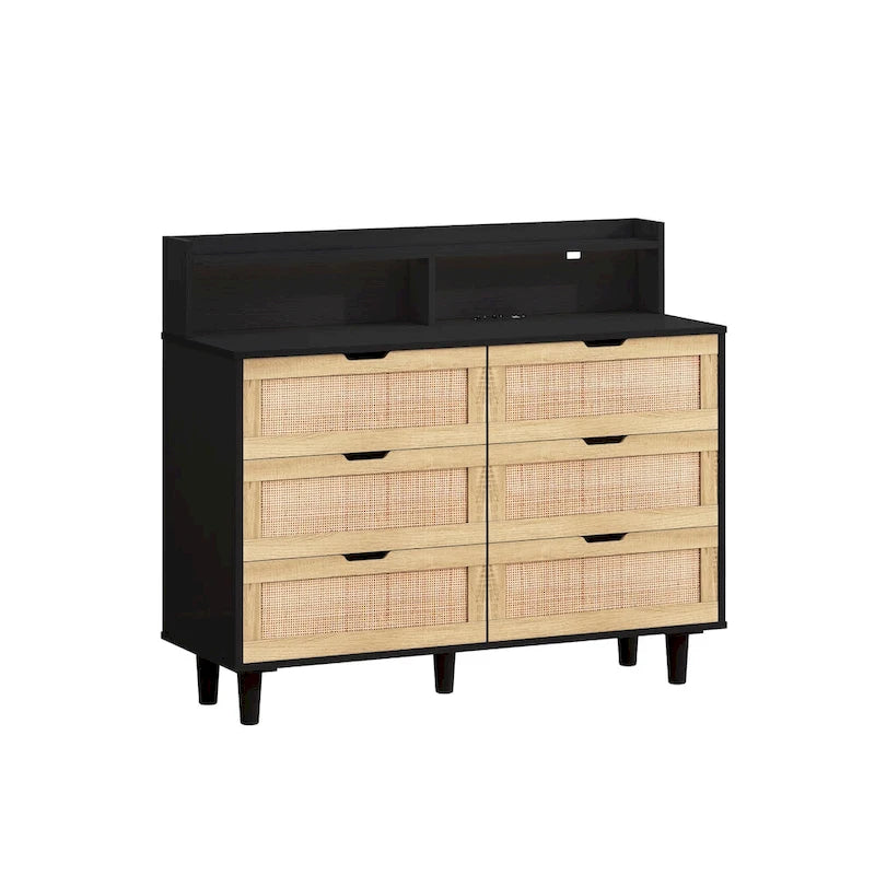 Black Six-Drawer Rattan Storage Cabinet with LED Lighting and Power Outlet