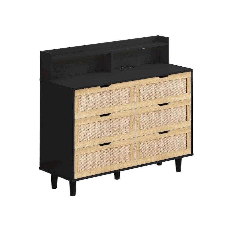 Black Six-Drawer Rattan Storage Cabinet with LED Lighting and Power Outlet