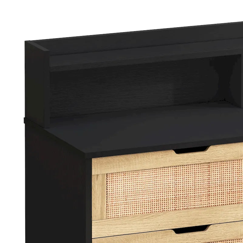 Black Six-Drawer Rattan Storage Cabinet with LED Lighting and Power Outlet