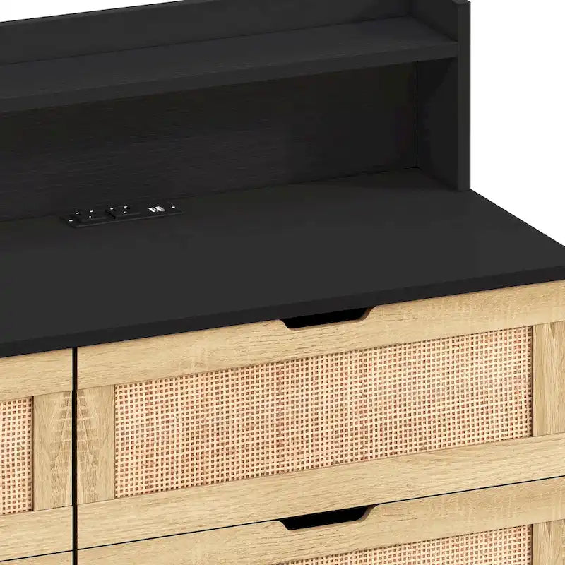 Black Six-Drawer Rattan Storage Cabinet with LED Lighting and Power Outlet