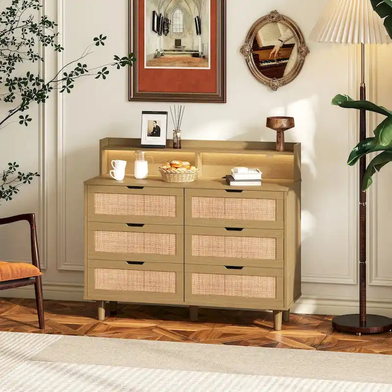 Black Six-Drawer Rattan Storage Cabinet with LED Lighting and Power Outlet