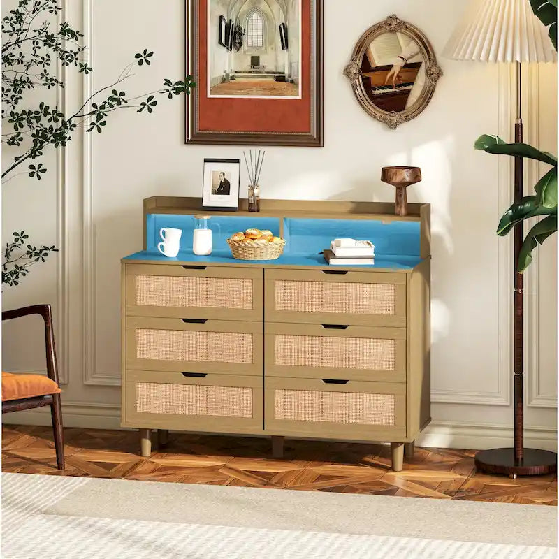 Black Six-Drawer Rattan Storage Cabinet with LED Lighting and Power Outlet
