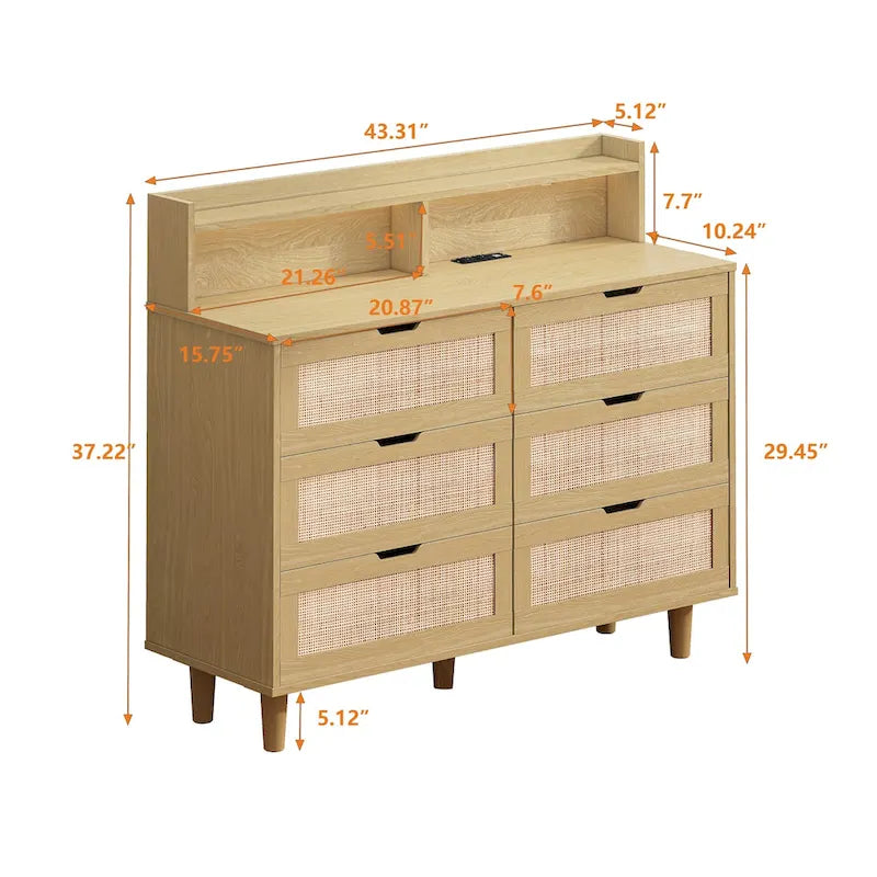 Black Six-Drawer Rattan Storage Cabinet with LED Lighting and Power Outlet
