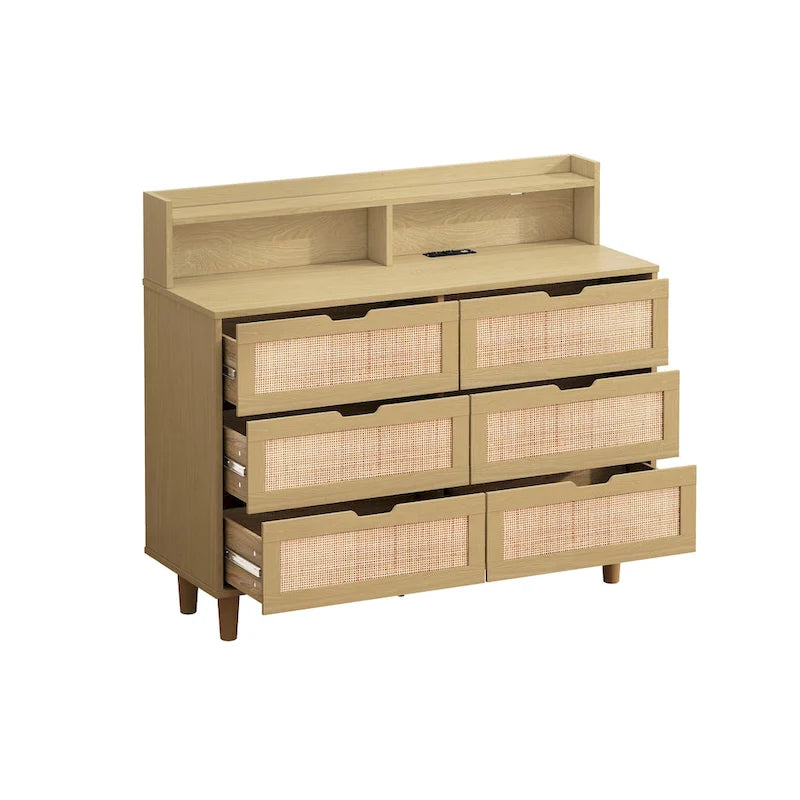 Black Six-Drawer Rattan Storage Cabinet with LED Lighting and Power Outlet