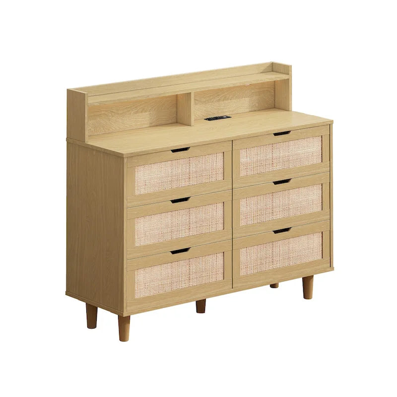 Black Six-Drawer Rattan Storage Cabinet with LED Lighting and Power Outlet