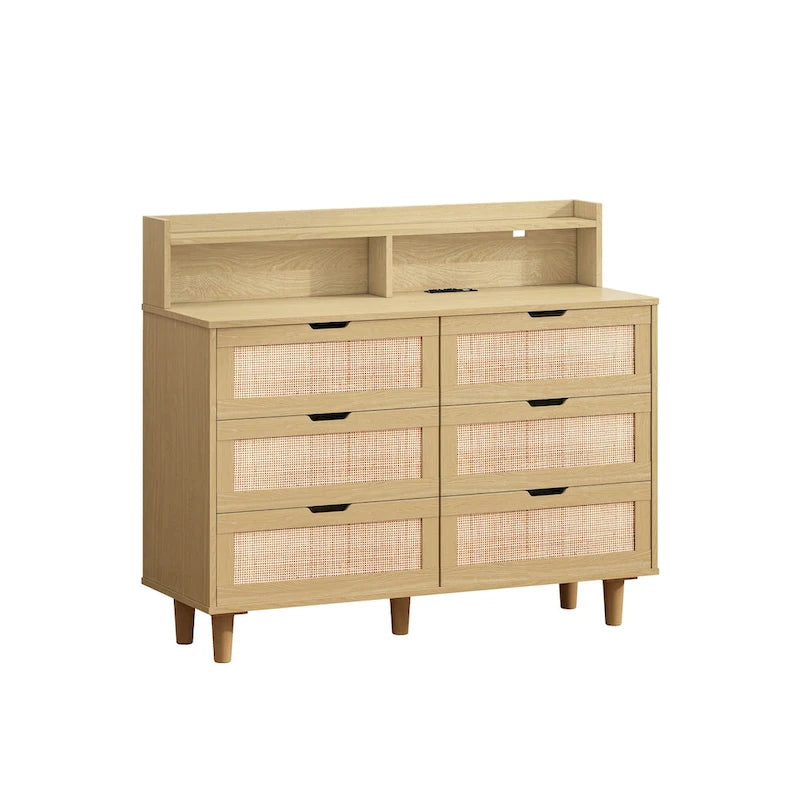 Black Six-Drawer Rattan Storage Cabinet with LED Lighting and Power Outlet