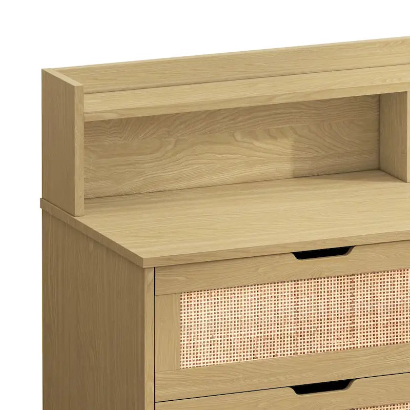 Black Six-Drawer Rattan Storage Cabinet with LED Lighting and Power Outlet