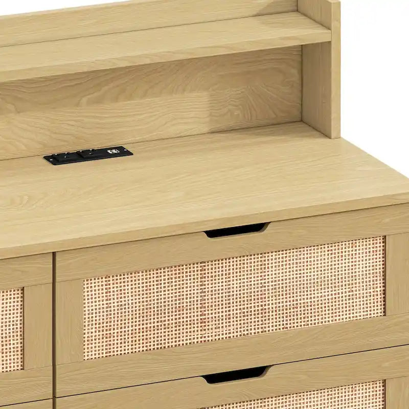 Black Six-Drawer Rattan Storage Cabinet with LED Lighting and Power Outlet