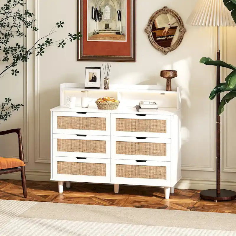Black Six-Drawer Rattan Storage Cabinet with LED Lighting and Power Outlet