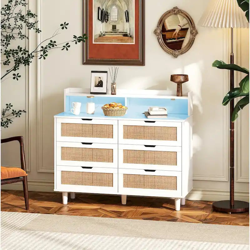 Black Six-Drawer Rattan Storage Cabinet with LED Lighting and Power Outlet