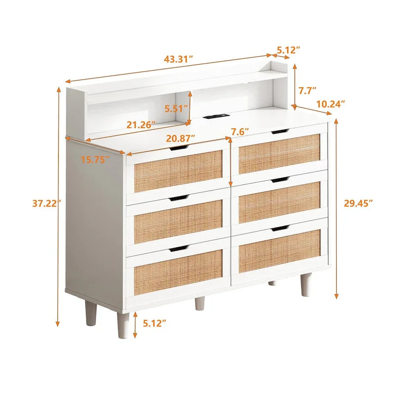 Black Six-Drawer Rattan Storage Cabinet with LED Lighting and Power Outlet