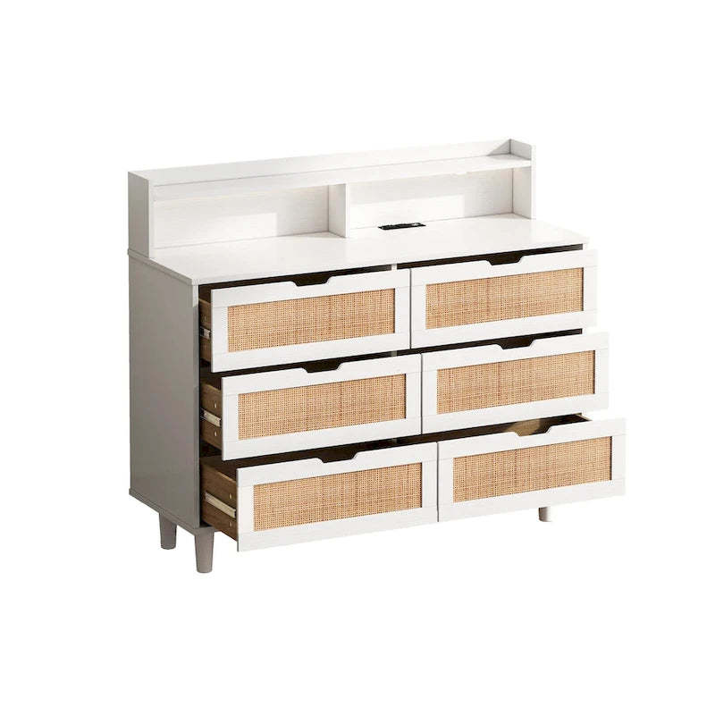 Black Six-Drawer Rattan Storage Cabinet with LED Lighting and Power Outlet