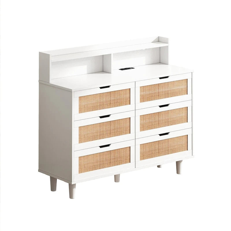 Black Six-Drawer Rattan Storage Cabinet with LED Lighting and Power Outlet
