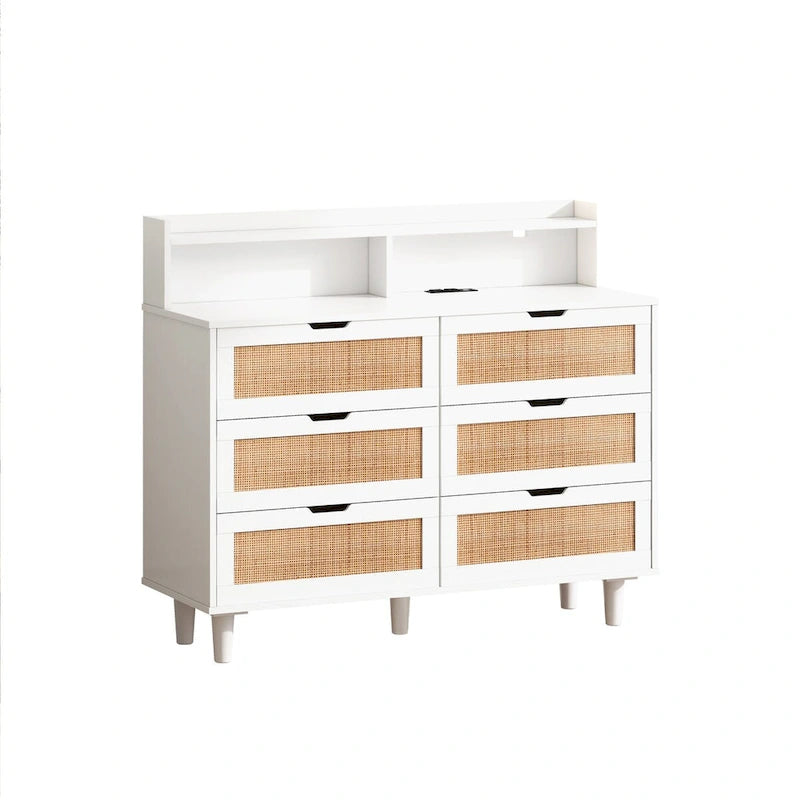 Black Six-Drawer Rattan Storage Cabinet with LED Lighting and Power Outlet