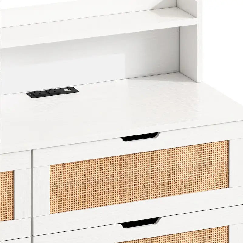 Black Six-Drawer Rattan Storage Cabinet with LED Lighting and Power Outlet