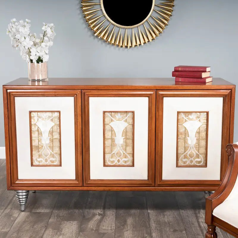 Credenza in legno marrone con pannelli delle ante in pelle e conchiglia Capiz