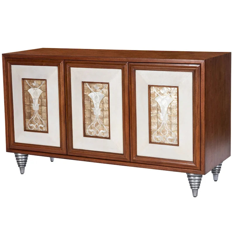 Credenza in legno marrone con pannelli delle ante in pelle e conchiglia Capiz