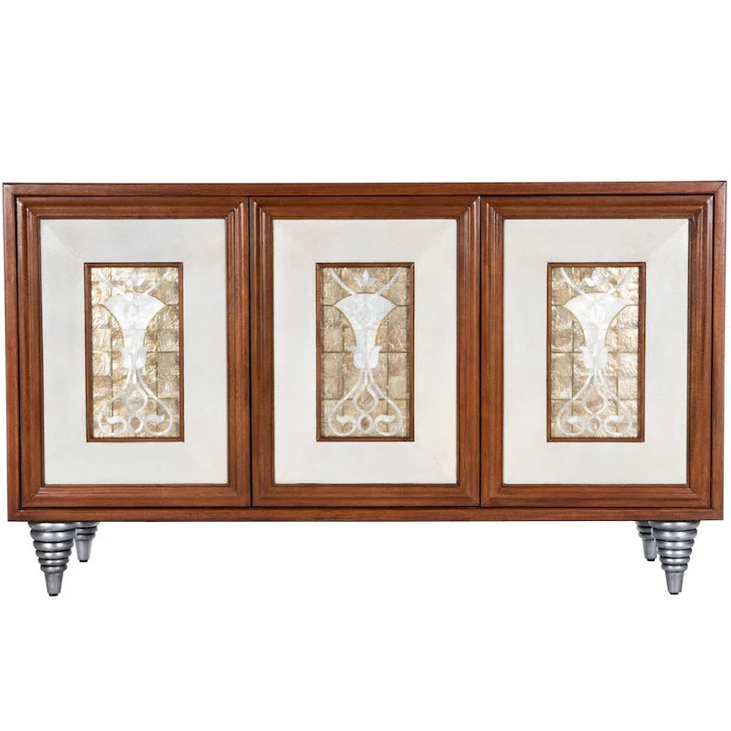 Credenza in legno marrone con pannelli delle ante in pelle e conchiglia Capiz