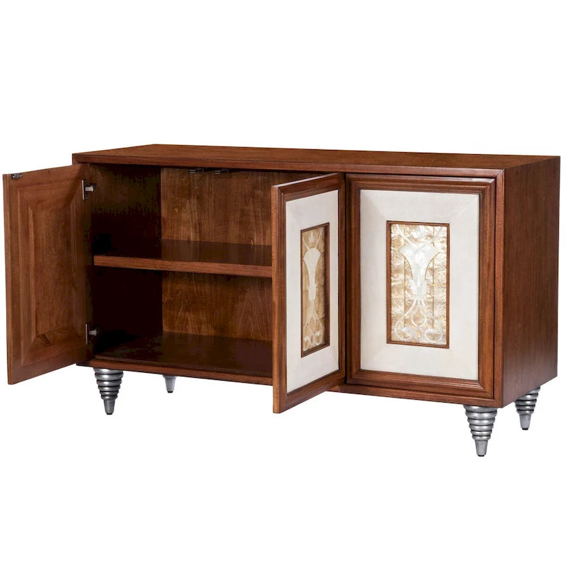 Credenza in legno marrone con pannelli delle ante in pelle e conchiglia Capiz