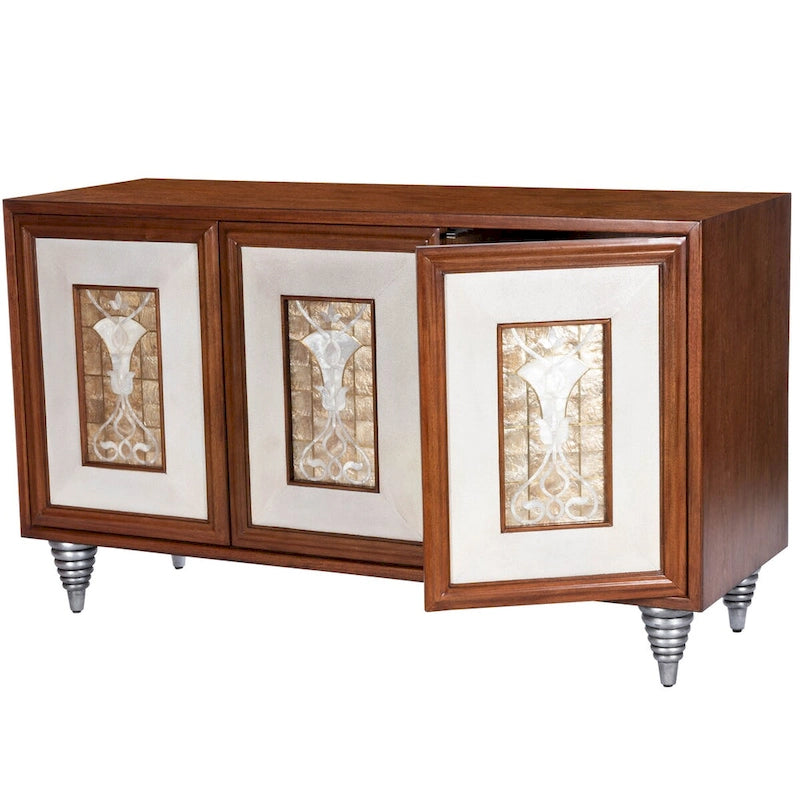 Credenza in legno marrone con pannelli delle ante in pelle e conchiglia Capiz