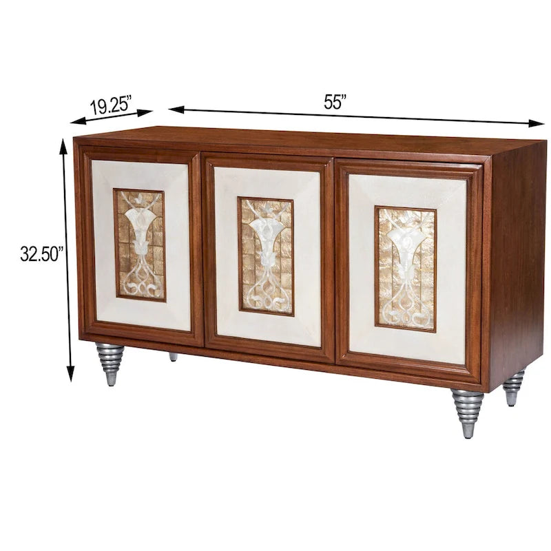 Credenza in legno marrone con pannelli delle ante in pelle e conchiglia Capiz