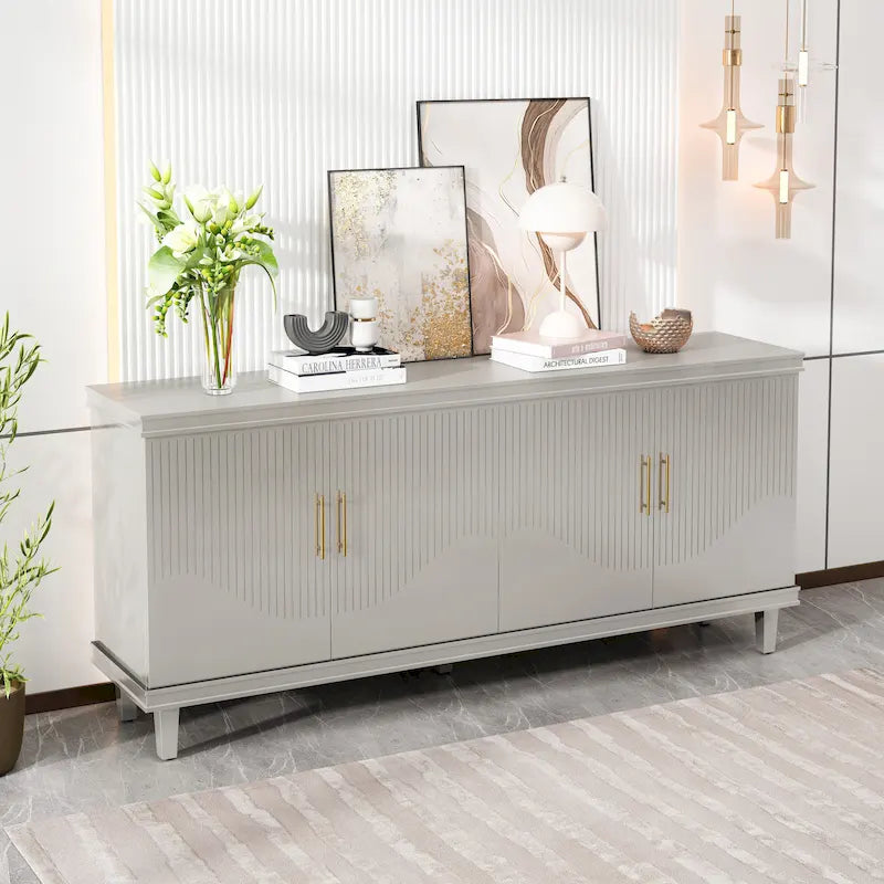Aparador tipo buffet grande de 4 puertas con estantes ajustables y patas de madera maciza