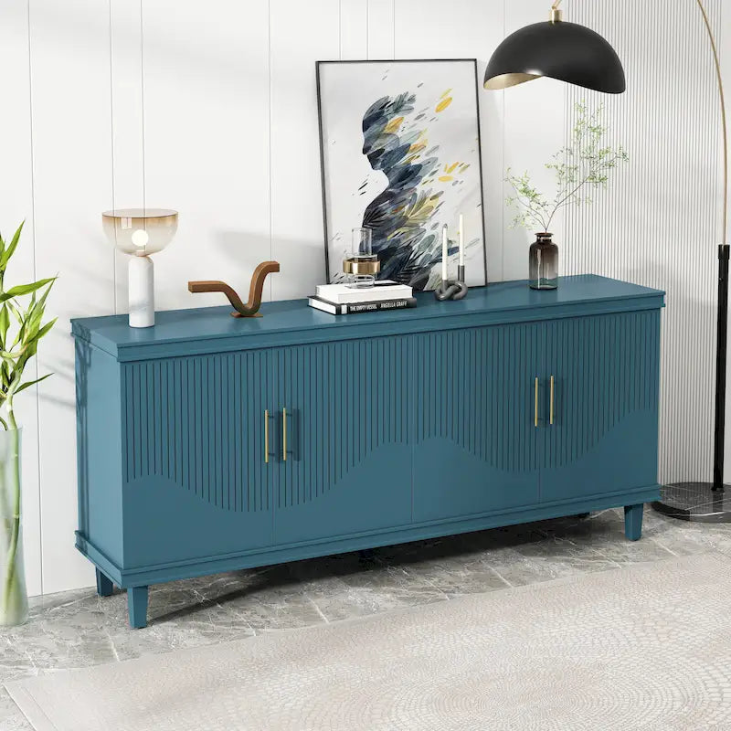 Aparador tipo buffet grande de 4 puertas con estantes ajustables y patas de madera maciza