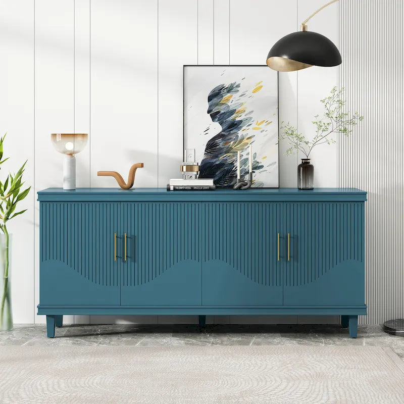 Aparador tipo buffet grande de 4 puertas con estantes ajustables y patas de madera maciza
