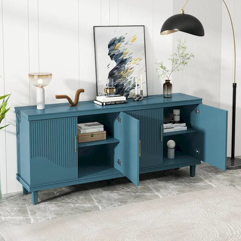 Aparador tipo buffet grande de 4 puertas con estantes ajustables y patas de madera maciza