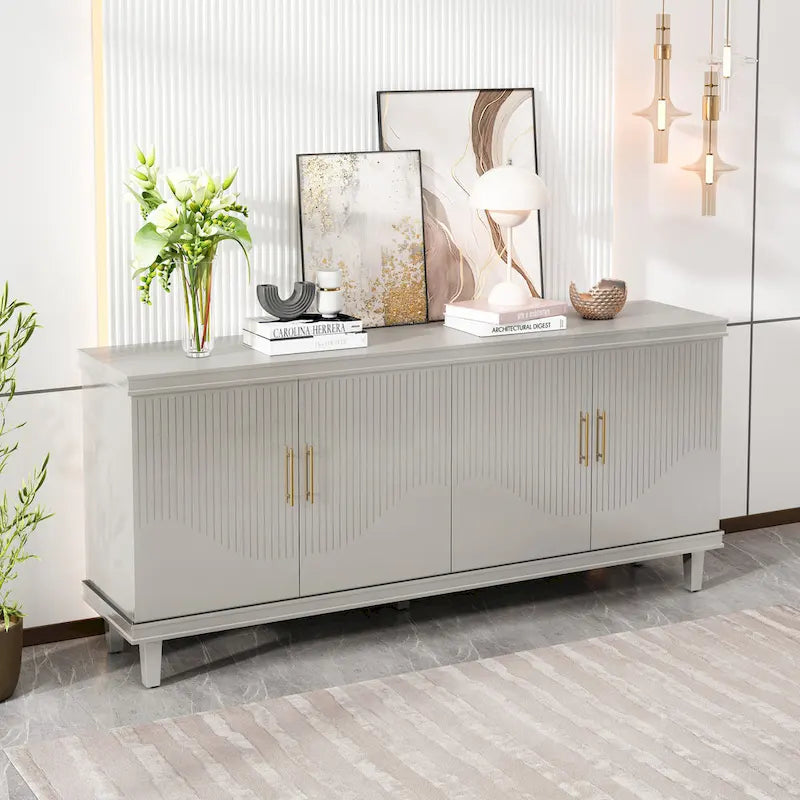 Aparador tipo buffet grande de 4 puertas con estantes ajustables y patas de madera maciza