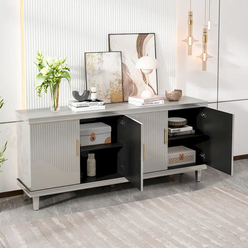 Aparador tipo buffet grande de 4 puertas con estantes ajustables y patas de madera maciza